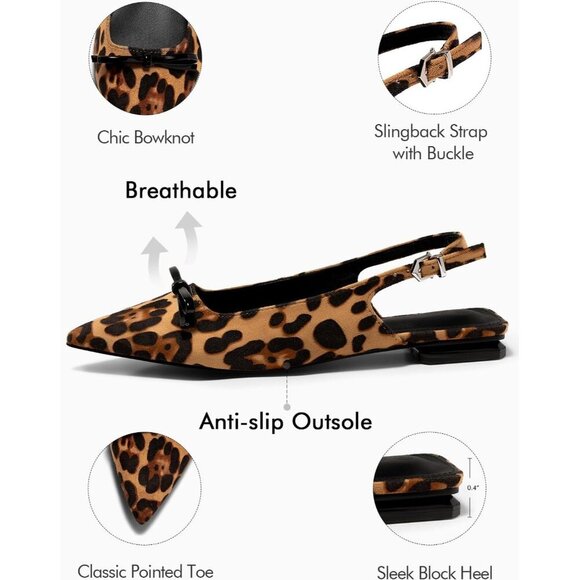 Women Leopard Slingback Bow Slip on  Pointed Toe Buckle Comfortable Ballet Flats - Picture 5 of 5
